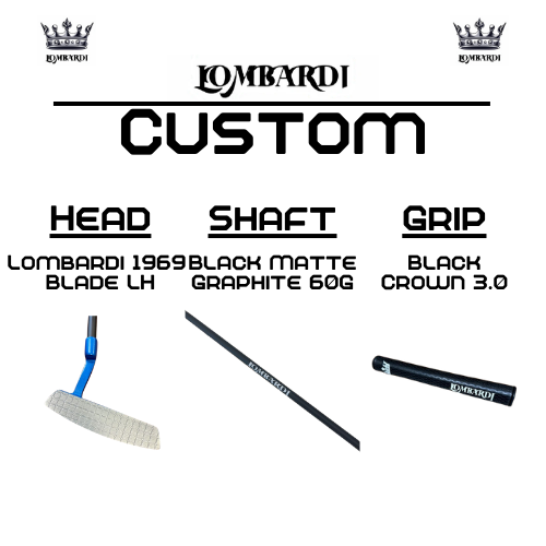 Lombardi Golf Custom Blue 1969 Double Wide Blade Left Hand Golf Putter - Lombardi Black 3.0 Crown Grip / Black Matte Graphite 60g